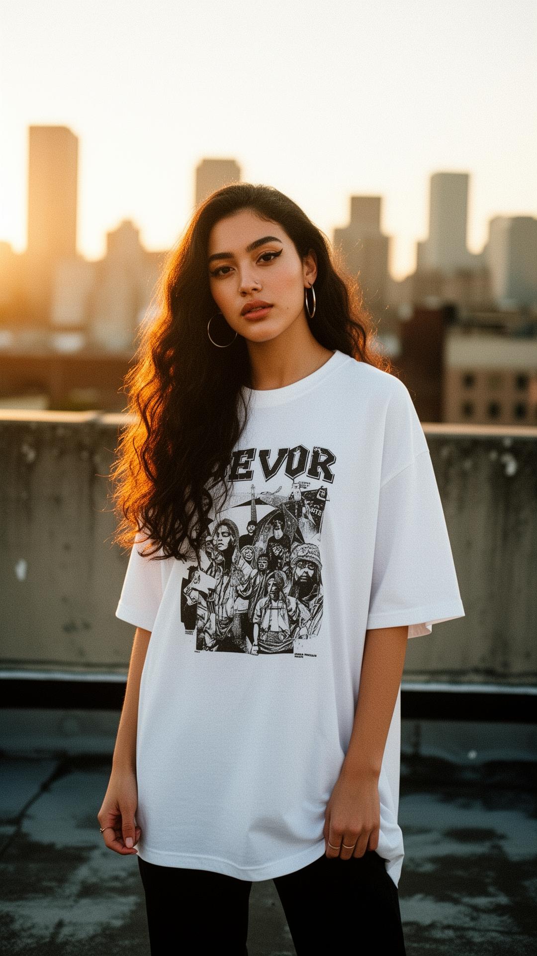 Female model on rooftop in white RAWL tee